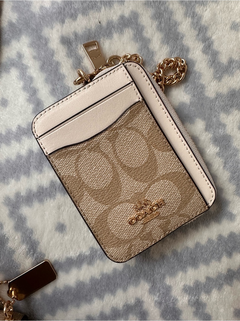 Coach Beige Signature Card Case with Pale Pink Trim & Gold Chain